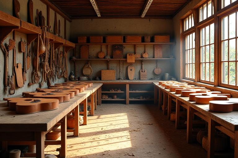 Vue d'ensemble de l'atelier d'Écho d'Éclat avec des instruments en cours de fabrication