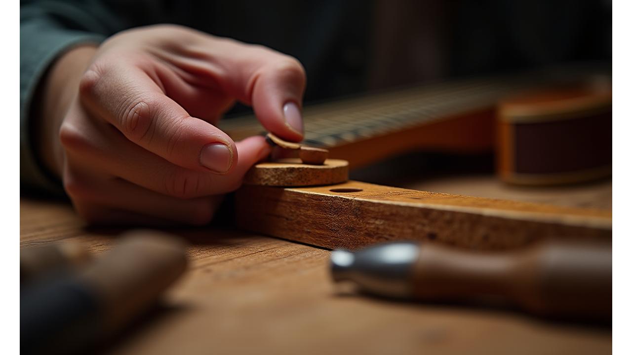 Mains d'un luthier travaillant le bois pour une guitare, en gros plan