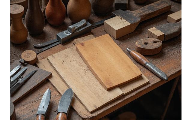 Établi de luthier avec outils traditionnels et bois en cours de travail